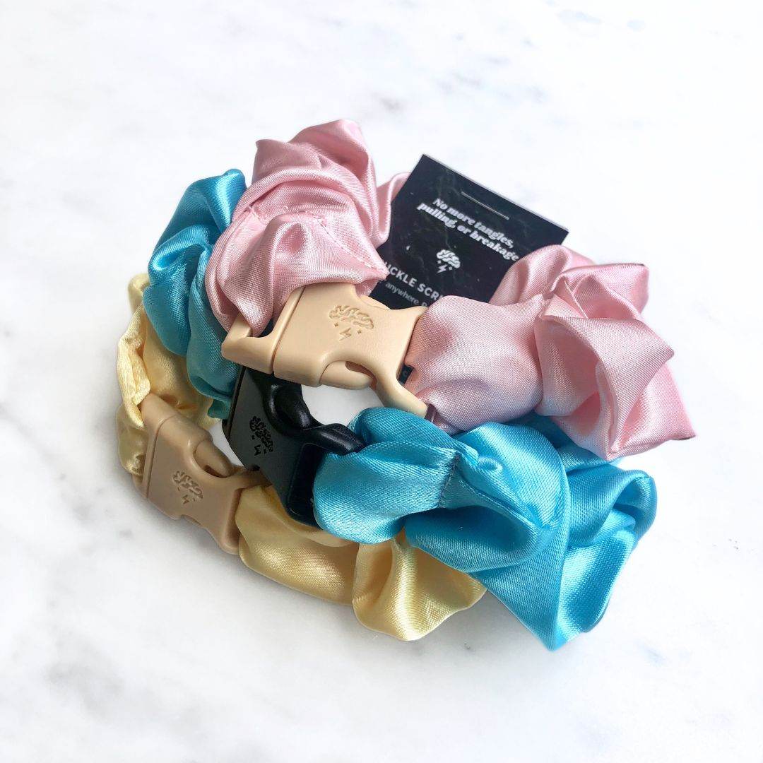 Cotton Candy - 3-Pack Vibrant Pastel Buckle Scrunchies Bundle - No Snagging, No Tangles