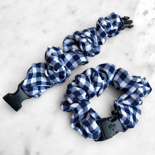 Gingham Navy Buckle Scrunchie - No Snagging, No Tangles