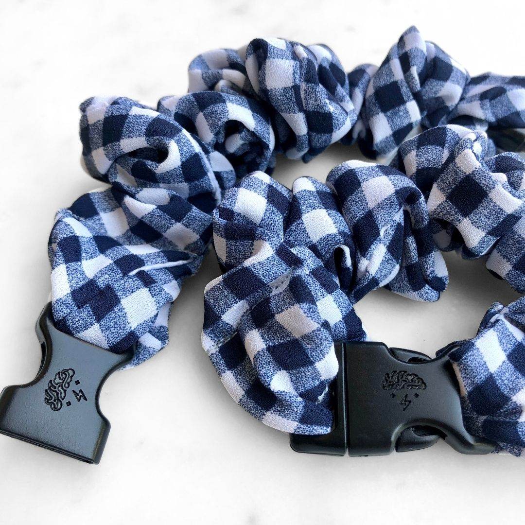 Gingham Navy Buckle Scrunchie - No Snagging, No Tangles