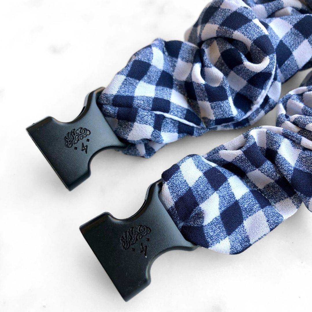 Gingham Navy Buckle Scrunchie - No Snagging, No Tangles